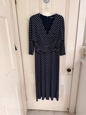 Ralph Lauren Navy and White Striped Wrap Midi Dress